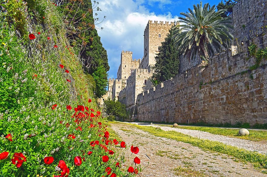 bunga poppy, bunga-bunga, merah, benteng pertahanan, benteng, Kastil, parit, Belanda, dinding, kota Tua, rhodes