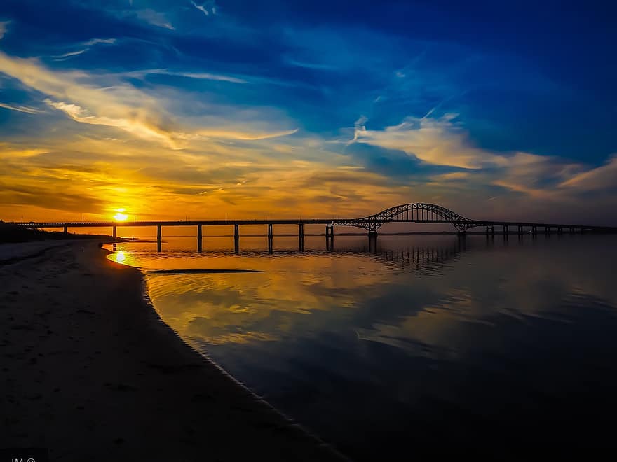 Robert Moses Bridge, hav, solnedgang, bro, Strand, sol, sollys, himmel, skyer, natur, sand
