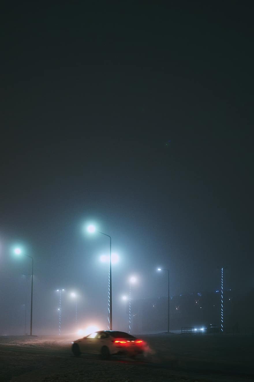 ceaţă, stradă, seară, drum, noapte, mașină, întuneric, trafic, transport, viteză, amurg