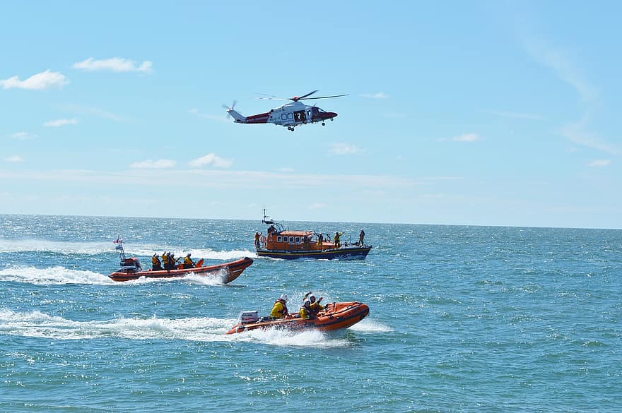 mentőcsónak, helikopter, tenger, mentés, Aldeburgh, Királyi Nemzeti Mentőcsónak Intézet, RNLI, szállítás, víz, óceán