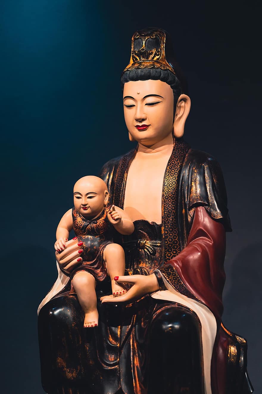 retrato, pagodes, budismo, Vietnã, crenças, mulheres, sentado, criança, família, fofa, amor