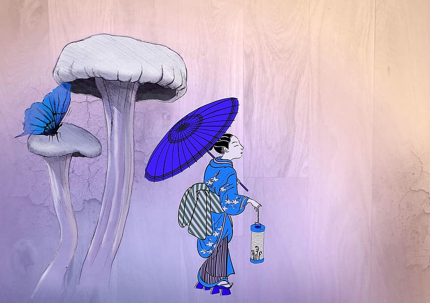 Asie, gejša, Japonsko, houba, motýl, japonský, kultura, osaka, karta, tapeta na zeď, žena