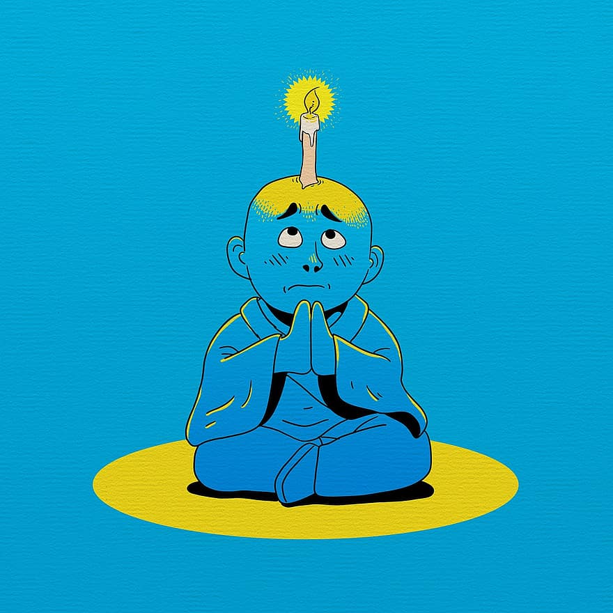 cartone animato, immaginazione, creatività, candela, monaco, pensiero, Illuminazione limitata, Area scura, Pensiero blu, Cartoon blu, candela blu