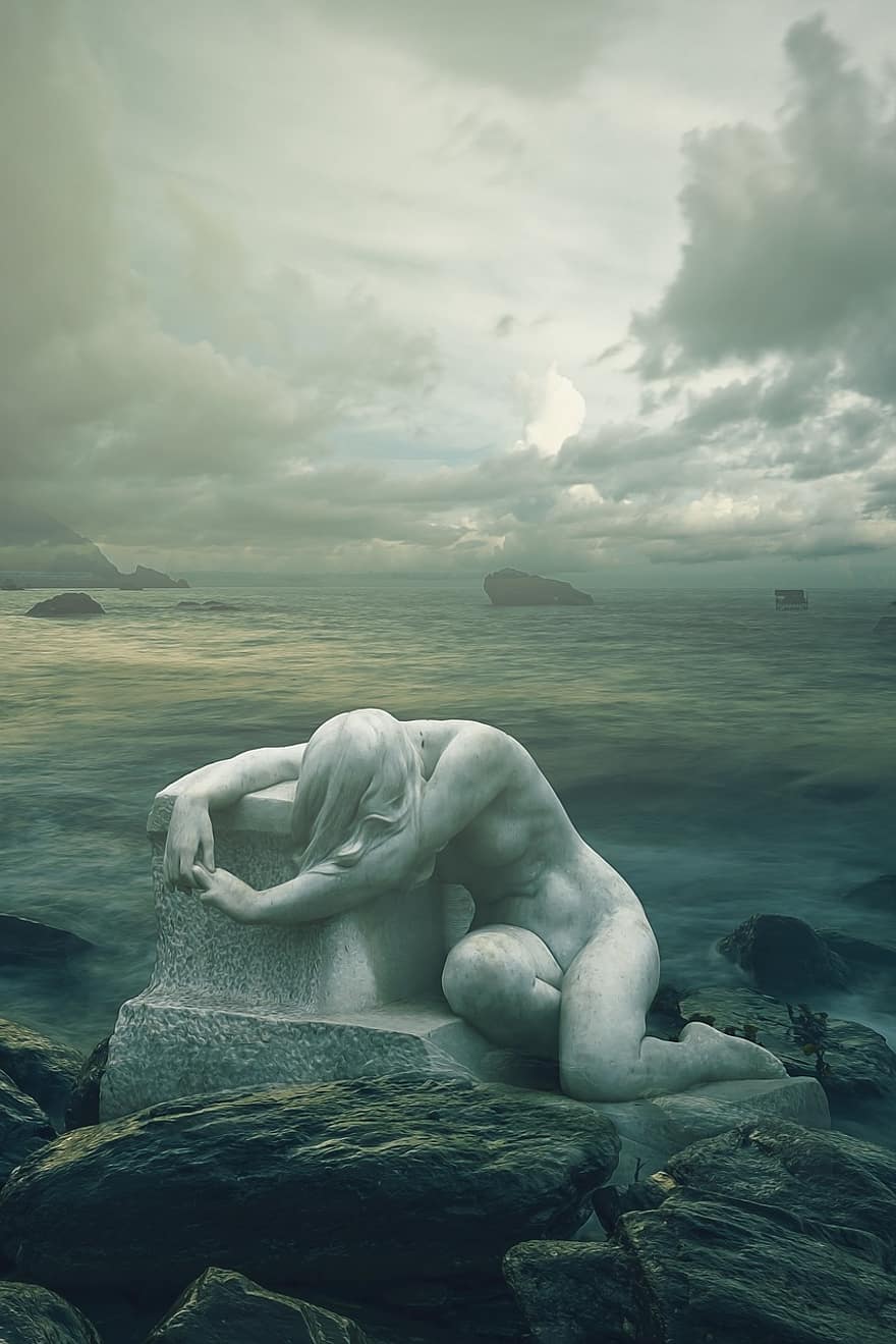 statue, mer, foncé, fantaisie, gothique, solitude, tristesse, dépression, eau, roches, côte