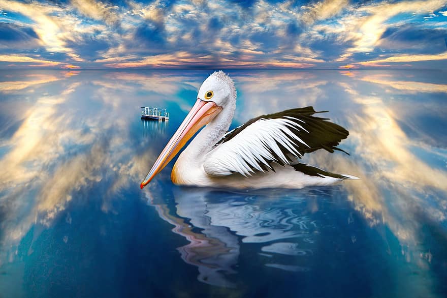 pelikanas, paukštis, jūros, vandenynas, papludimys, vanduo, dangus, gyvūnas, laukinės gamtos, debesys, 4k