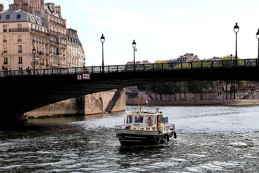 bote, el río Sena, agua, río, puente, París, Francia, modo de transporte, crucero, edificios, patrimonio