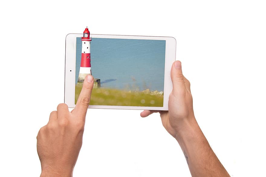 タブレット、3D、航空機、表示、iPad、イマン、アクション、休暇、海、砂丘、灯台