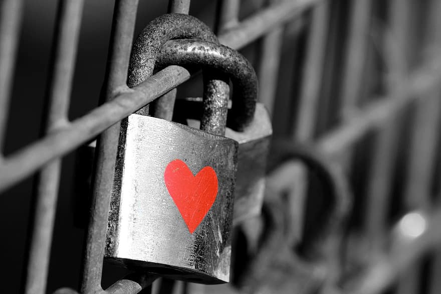 jantung, mengunci, pagar, jembatan, Kastil, kunci sepeda, kastil cinta, merah, cinta, hubungan