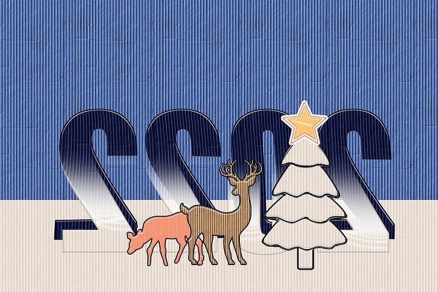 Коледа, нова година, коледна елха, елен, Северен елен, 2022, поздравителна картичка, илюстрация, зима, празненство, вектор
