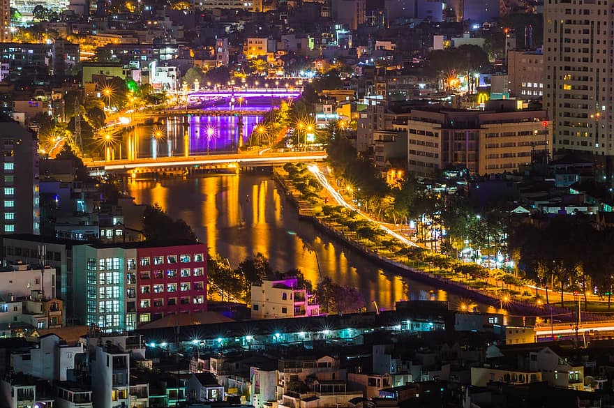 Saygon, Kent, nehir, Vietnam, gece, ho chi minh city, Cityscape, binalar, köprü, ışıklar, Su