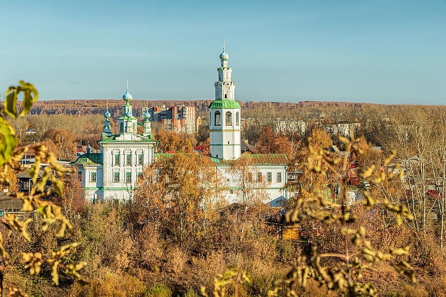 destinace, podzim, náboženské budovy, pravoslavná církev, kungur, barvitý, historický mezník, slunečního světla, Rusko, bílý, kámen