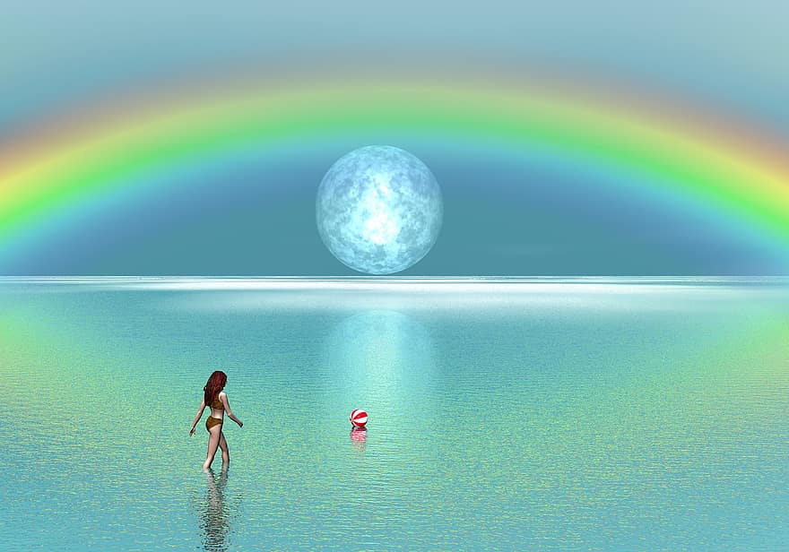 Rainbow, Sea, Beachball, Sky, Ocean