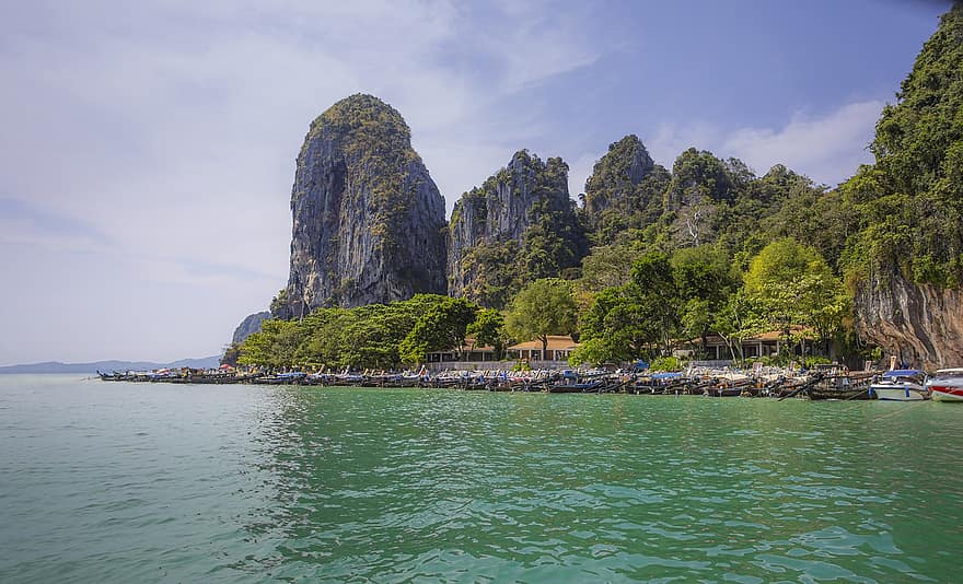 thailand, øy, hav, natur, Krabi, Strand, steinformasjoner, paradis, vann, landskap, fjell