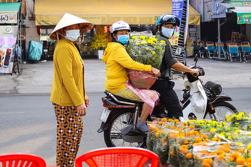도로, 사람들, 오토바이, 꽃들, tet, 베트남, 제전, 전통, 문화