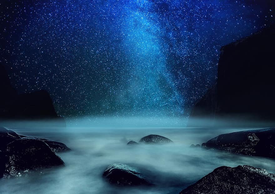 naktī, zvaigzne, piena ceļš, migla, krastā, akmens, Visumu, debesis, jūra, miglas banka, zvaigžņotas debesis