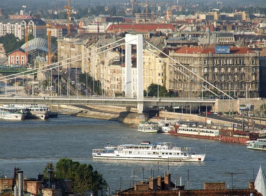 elizabeth híd, modern, oszloptörés, panoráma, Duna, folyó, Budapest, Magyarország, Budáról nézve, városkép, templom