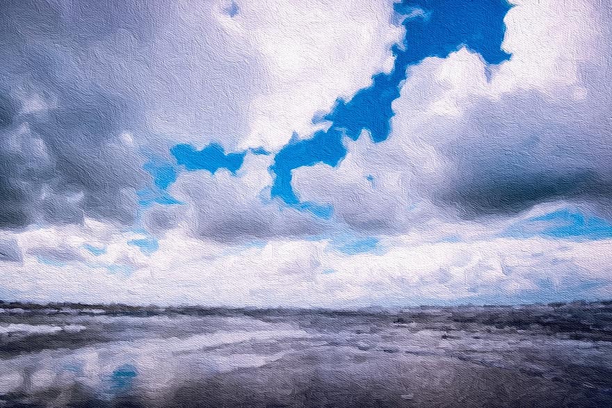 Olejomalba Na Plátně, jezero, minnesota, nebe, mraky, malování, umění, výkres, olej, modrý obraz, modrá barva