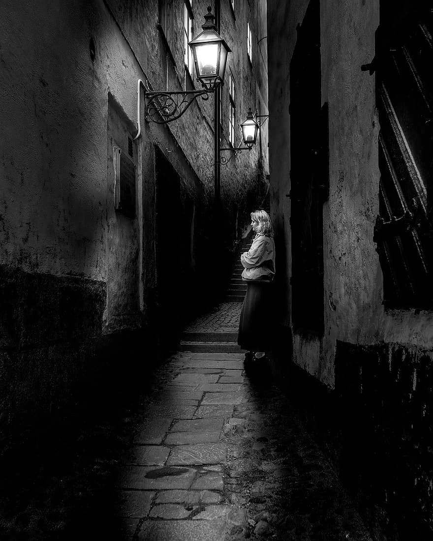 Alley, Woman, Lamp, Lantern, Night, Monochrome, black and white, one person, women, men, architecture