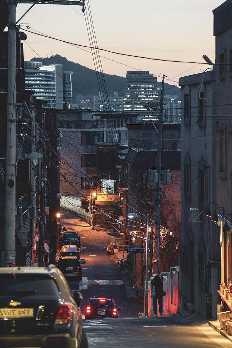 Coreea de Sud, stradă, amurg, apus de soare, Seul, oraș, peisaj, film de film, mașină, noapte, trafic