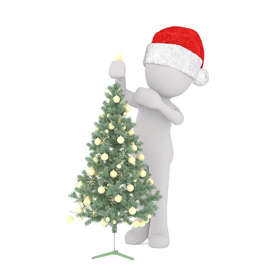 mâle blanc, modèle 3D, figure, blanc, Noël, chapeau de père Noël, décorer, décoration, tout le corps, des balles, boules de noel