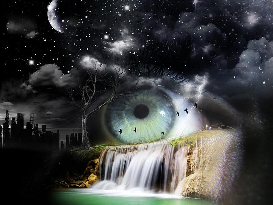 глаз, водопад, город, тень, Луна, облака, ночь, звезда, птицы, мистический, свет