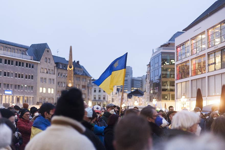 demonstração, protesto, bandeira, crise, política, Paz, Ucrânia, Europa, Alemanha, multidão, noite