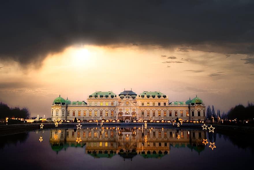 сграда, замък, Виена, Красив кладенец, град, архитектура, известното място, нощ, здрач, размисъл, залез