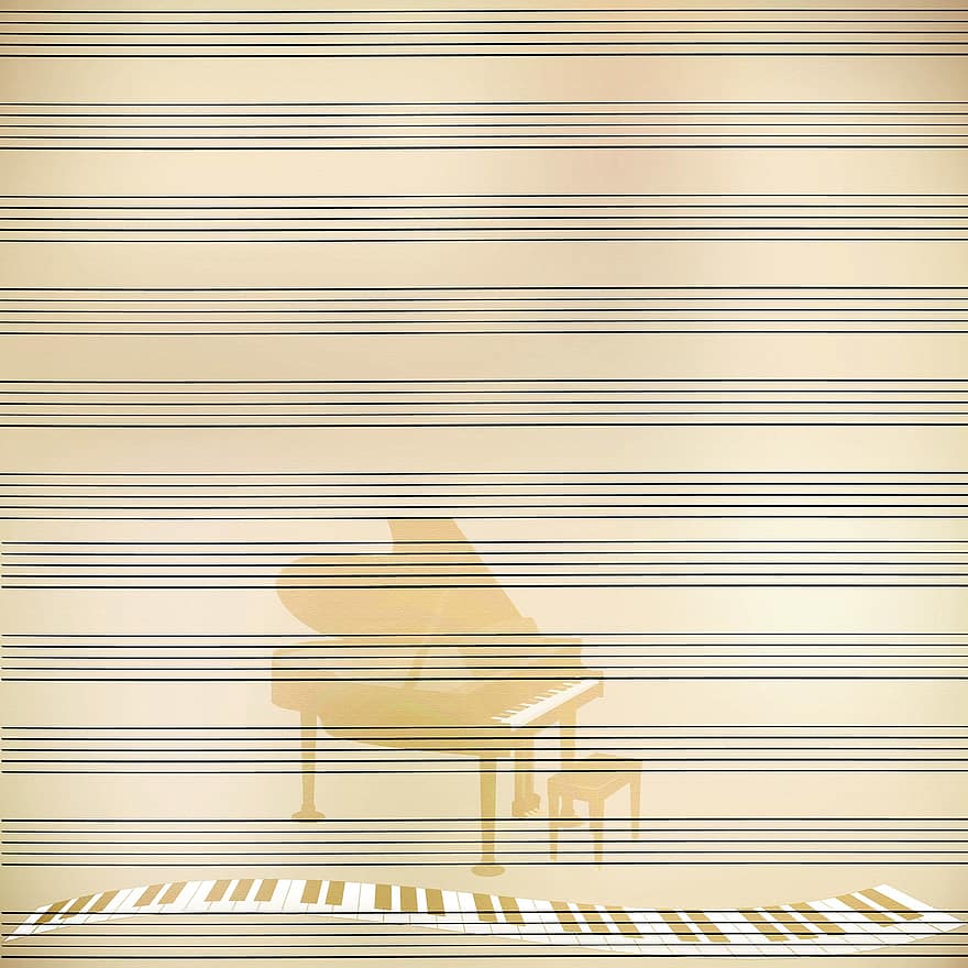 carta digitale, pianoforte, tasti del piano, Linee di spartiti musicali, carta kraft, beige, sfondo, sfondi, modello, astratto, design