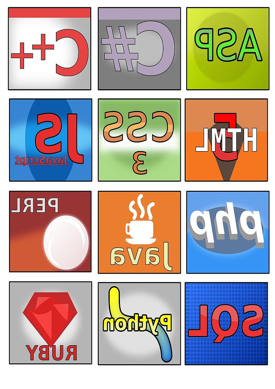 Programmierung, Sprachen, Symbol, Sammlung, CSS, perl, c scharf, C Plus Plus, Javascript, sql, Rubin