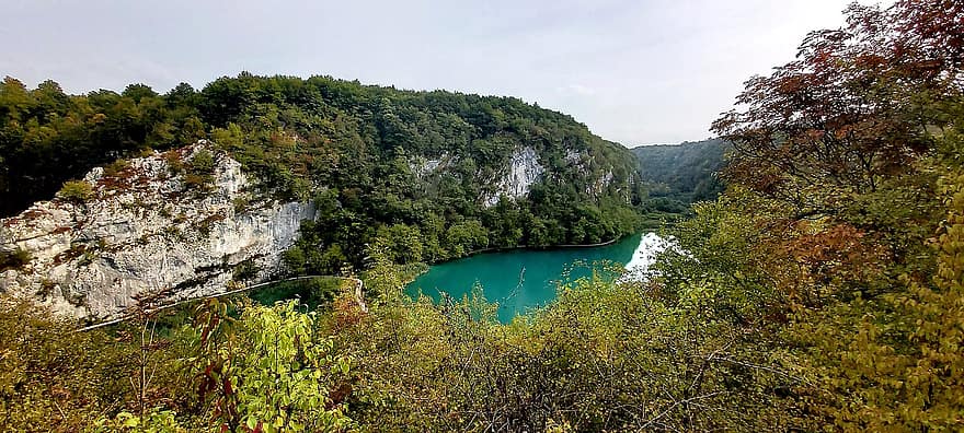 Natur, See, plitvice, Kroatien, Wald, Bäume, Vegetation, Berg, Landschaft, grüne Farbe, Baum