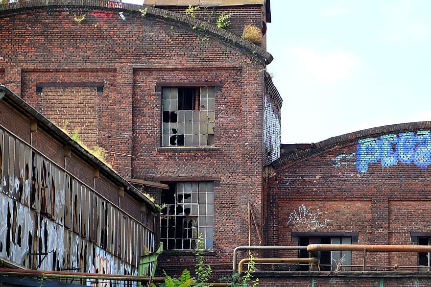 opuszczony, budynek, fabryka, stracone miejsce, szyby, szyby szklane, przemysł, zniszczony, architektura, na zewnątrz budynku, stary