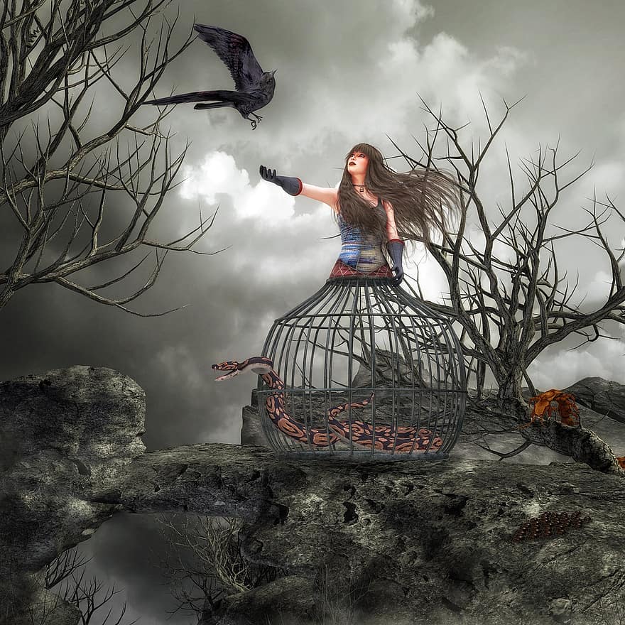 kobieta, wąż, ptak, klatka szybowa, Fantazja, mistyczny, surrealistyczny