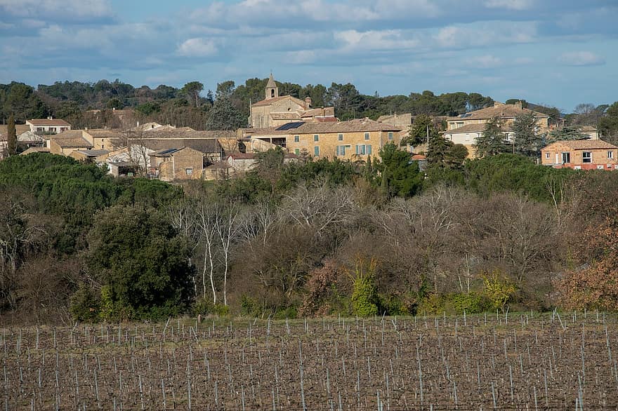 Languedoc, venkov, město, krajina, venkovský, zemědělské půdy, venkovské scény, architektura, hospodařit, strom, zemědělství