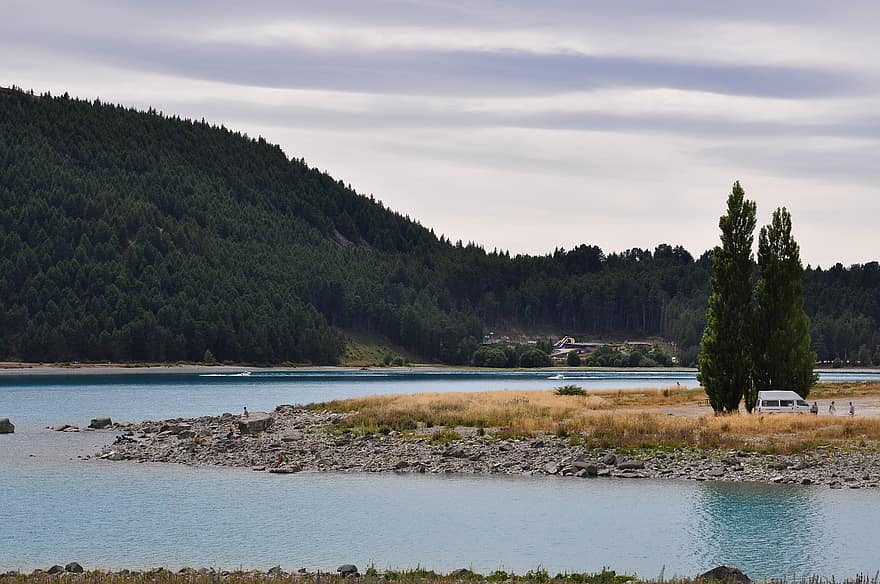 Nowa Zelandia, jezioro, góry, sceniczny, wiejski, woda, drzewa, lasy, rv, samochód kempingowy, krajobraz