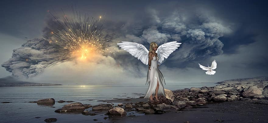Contexte, ange, océan, roches, des nuages, Soleil, Colombe, fantaisie, ailes, ailes d'anges, femme
