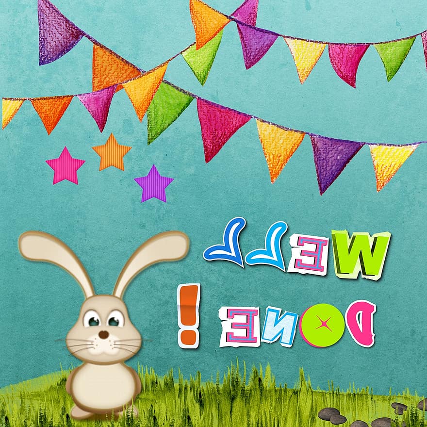 Well Done, Achievement, Bunny, Blue, Greeting, Card, Child, Colorful, Cute, Boy, Girl