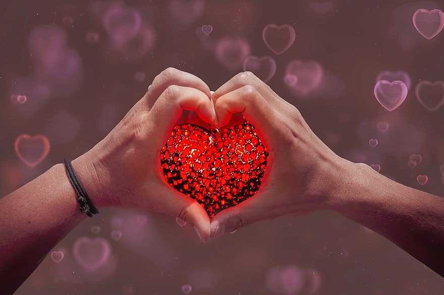 dia de Sant Valentí, cor, mans, amor, romàntic, símbol, forma del cor, romanç, mà humana, fons, dones