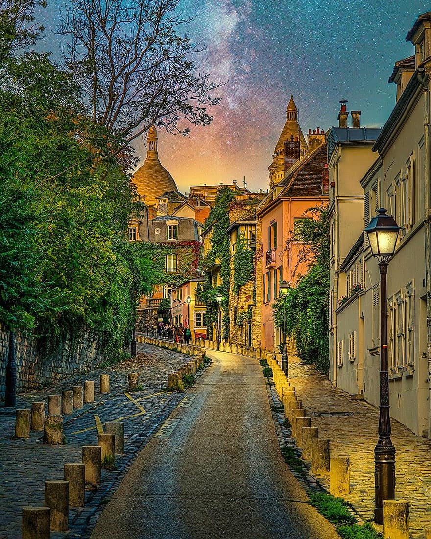 Sky, Background, Wallpaper, Paris, Montmartre, France, City, Travel, Night, Street, Basilica