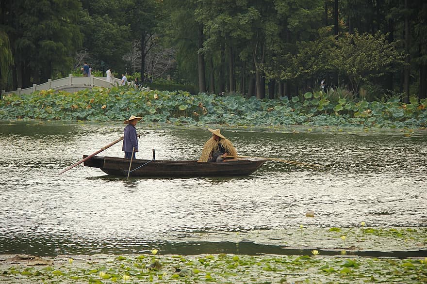 båt, fiskere, dam, fiske, fiskebåt, Turtlehead Park, Jiangnan, wuxi