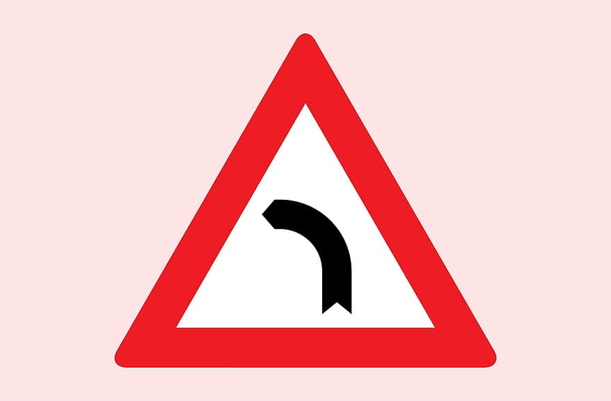 berbahaya, melengkung, kanan, tanda, jalan, peringatan, merah, reflektif, lalu lintas, mengendarai, perhatian
