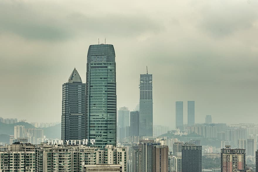 grattacielo, città, giornata nuvolosa, foschia, orizzonte, costruzione, Guiyang, paesaggio urbano, architettura, skyline urbano, esterno dell'edificio
