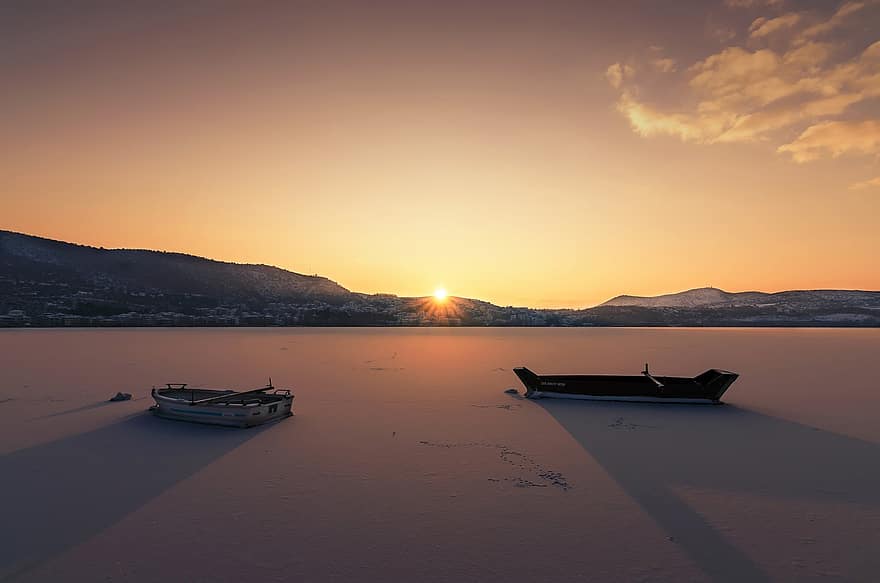 solnedgång, vinter-, båtar, kall, frysta, snö, natur