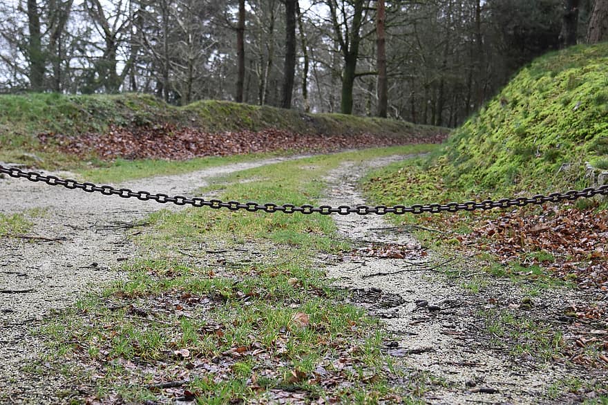 Chain, Forbid To Pass, Private Property, Path, Country Lane, Nature, Metal Chain, Chain Link, steel, metal, grass