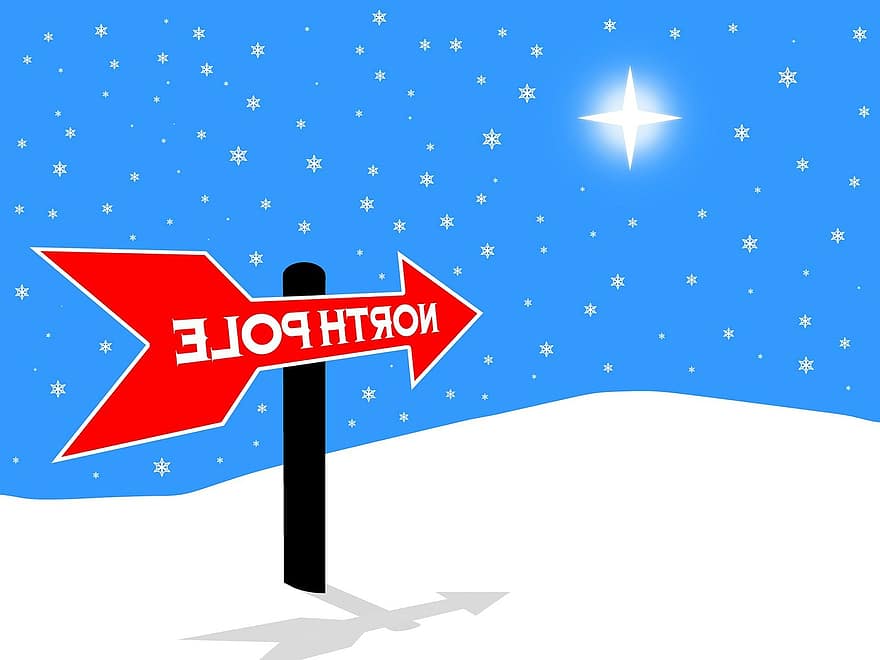 North Pole, Sign, Christmas, Direction, Holiday, Seasonal, Winter, Snow, North Star, Snowflakes