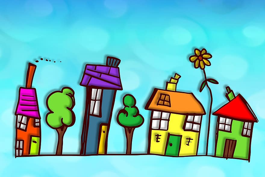 kleurrijk, straat, dorp, huizen, woon-, eigendom, gebouwen, architectuur, buurt, woningen, schetsen