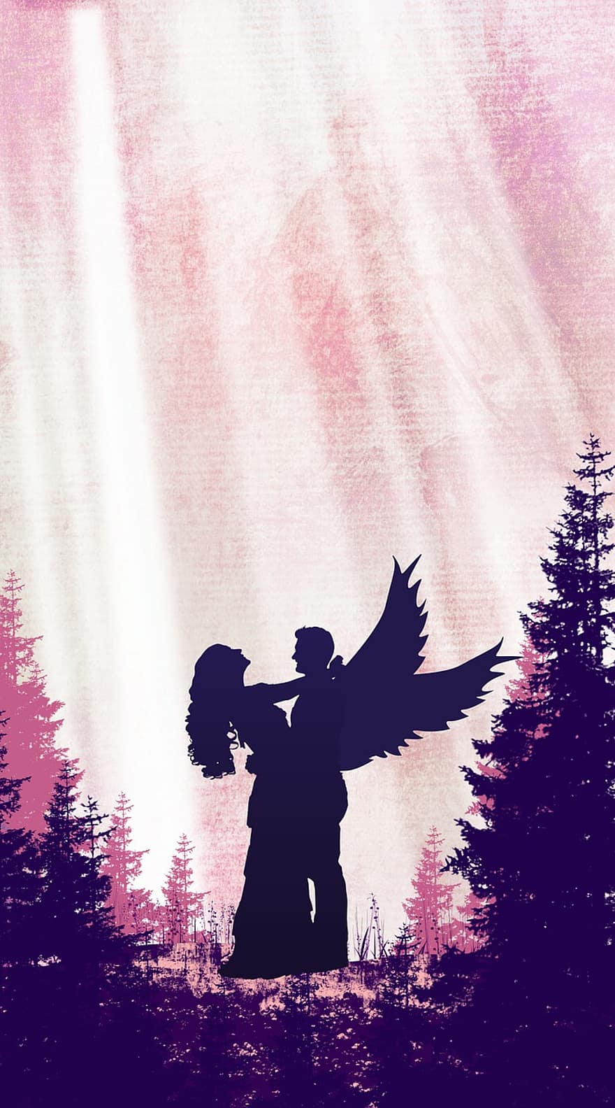 ángel, romance, Pareja, amor, afecto, hombres, mujer, silueta, adulto, árbol, puesta de sol