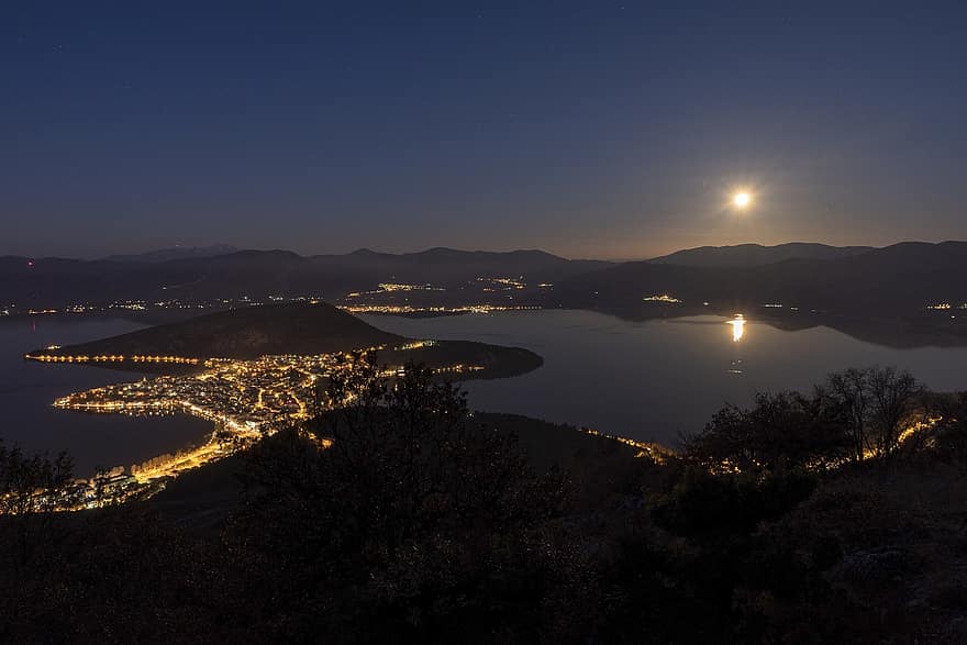 malam, danau, Yunani, kastoria, lampu malam, jatuh, musim gugur, senja, gunung, matahari terbenam, air