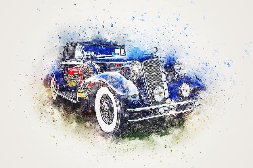 Car, Old Car, Art, Abstract, Watercolor, Vintage, T-shirt, Artistic, Auto, Design, Aquarelle