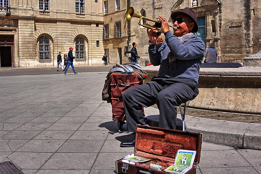 zenész, utca, trombita, Provence, busker, fogni, teljesítmény, zene