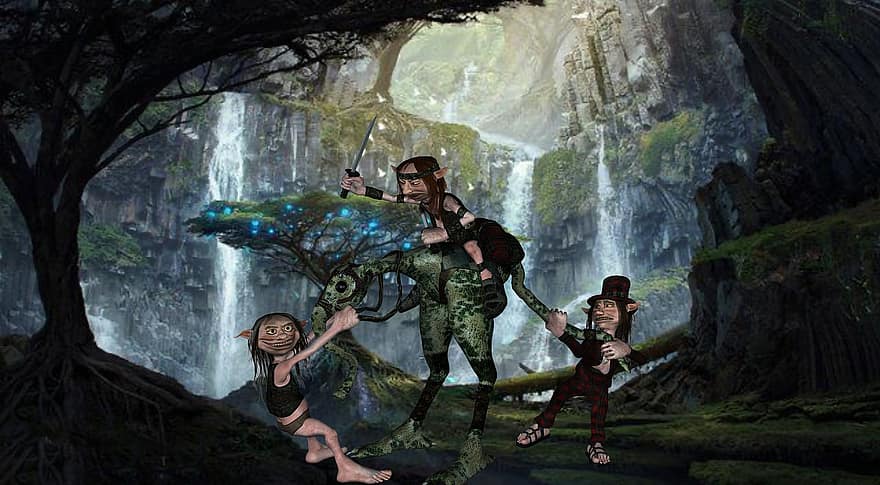 Hintergrund, Berge, Wasserfall, mystisch, Elfen, Kreatur, Fantasie, Charakter, digitale Kunst